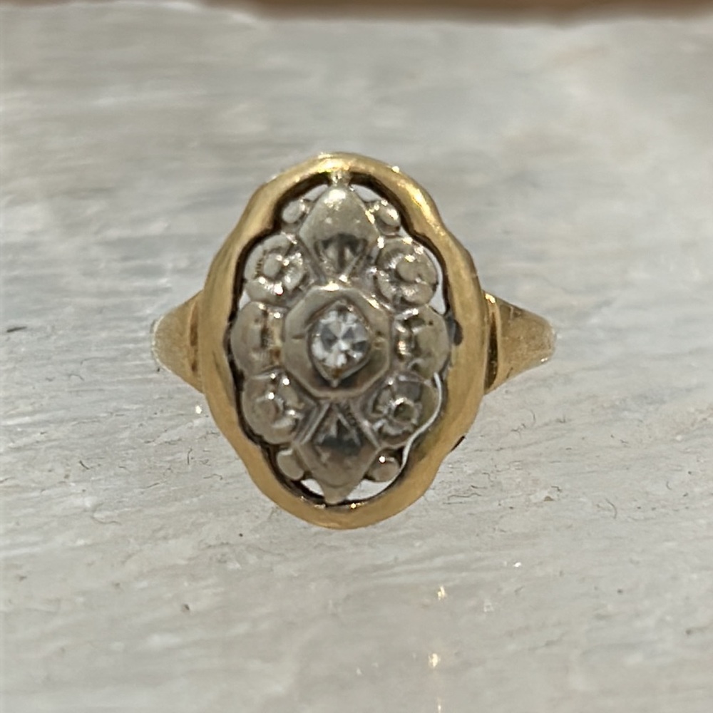 14K Yellow & White Gold Antique Ring w/ mine-cut Diamond